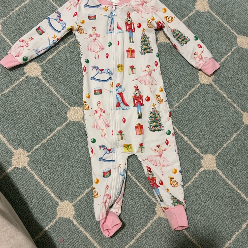 Festive Holiday Kids Footie with Pink Cuffs